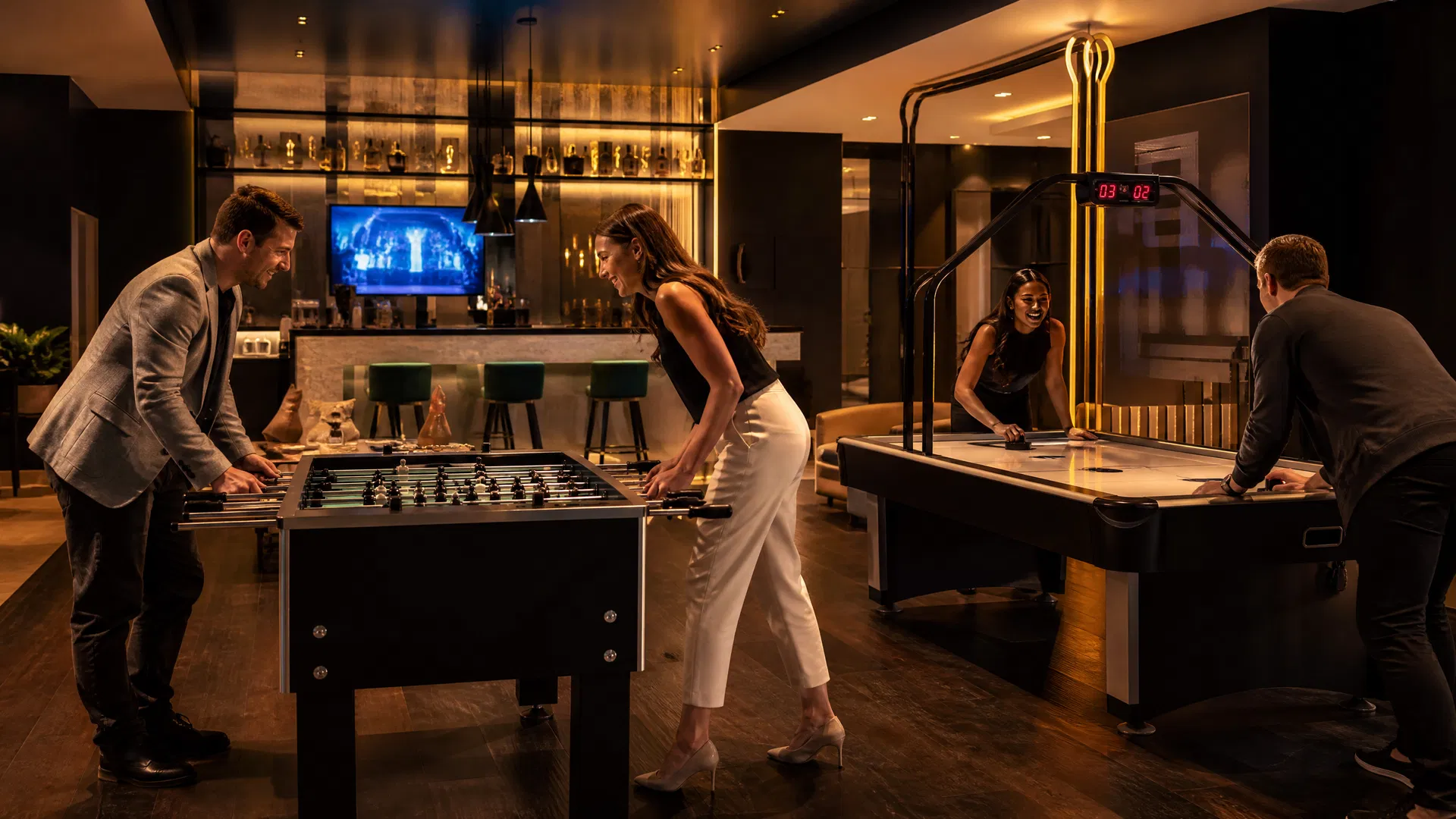 Foosball e air hockey em ambiente elegante